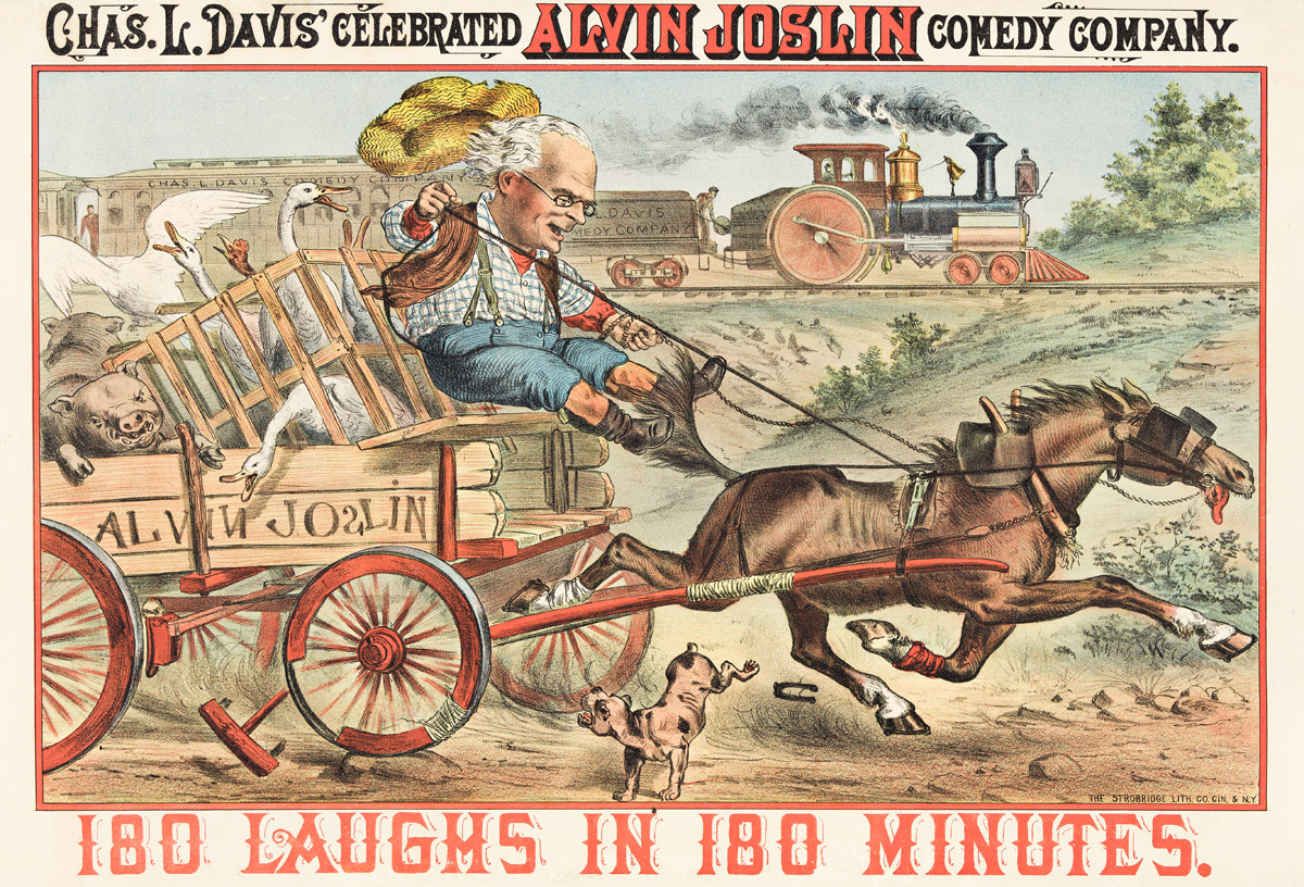 DESIGNER UNKNOWN.  ALVIN JOSLIN / 180 LAUGHS IN 180 MINUTES. Circa 1880s. 19½x29 inches, 49½x73½ cm. The Strobridge Lith. Co., Cincinna